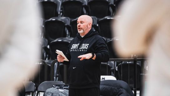 Saint Louis Billikens HC Josh Schertz runs a drill at practice in Chaifetz Arena Saint Louis Billikens HC Josh Schertz runs a drill at practice in Chaifetz Arena