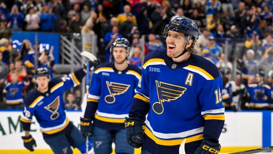 St. Louis Blues' Robert Thomas (18) reacts after scoring against the Montreal Canadiens in the second period at Enterprise Center on March 25, 2025.