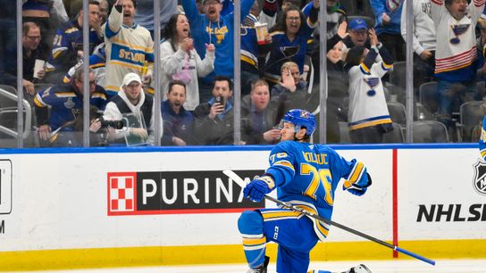 St. Louis Blues center Zack Bolduc (76) celebrates after scoring a goal against the Colorado Avalanche during the first period at Enterprise Center on April 5, 2025.