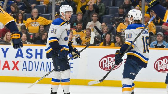 St. Louis Blues center Dylan Holloway (81) celebrates after scoring against the Nashville Predators in the second period at Bridgestone Arena on March 27, 2025.