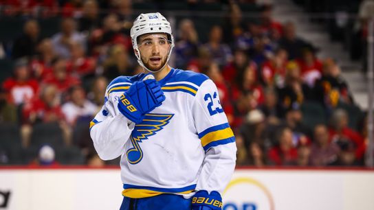 From Liability to Cornerstone: Logan Mailloux Is Becoming What the Blues Needed Him to Be (St Louis Blues). Photo by Sergei Belski-Imagn Images