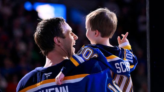 Brayden Schenn honored with family for 1,000th NHL game before Blues vs. Ducks matchup at Enterprise Center.