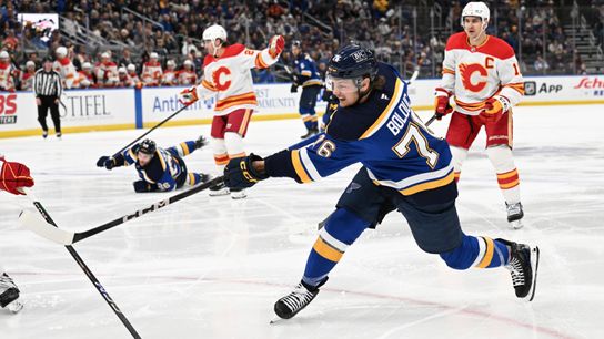 St Louis Blues forward Zachary Bolduc taking a shot in an NHL game against the Calgary Flames