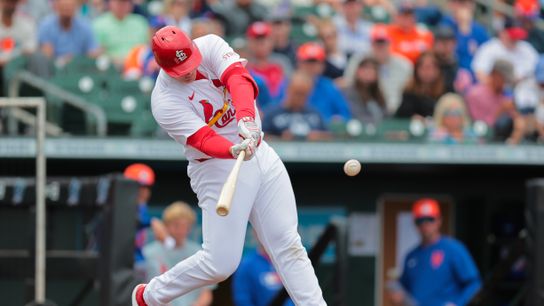 St. Louis Cardinals first baseman Luken Baker (26) hits a three-run home run against the New York Mets during the second inning of a spring training game at Roger Dean Chevrolet Stadium on Feb. 24, 2025.