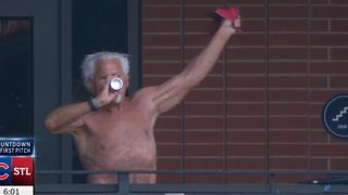 Cardinals legend Al Hrabosky went tarps off Friday night at Busch Stadium -- while downing a cold frosty one (St Louis Cardinals). Photo by Cardinals.TV/Ethan Hannaford