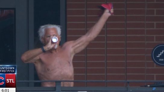 Cardinals legend Al Hrabosky went tarps off Friday night at Busch Stadium -- while downing a cold frosty one (St Louis Cardinals). Photo by Cardinals.TV/Ethan Hannaford