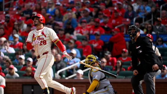 Nolan Arenado (28) of the St. Louis Cardinals hits a solo walk-off home run against the Milwaukee Brewers in the ninth inning at Busch Stadium on April 26, 2025.