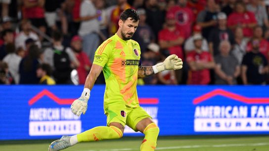 Oct 5, 2024; St. Louis, Missouri, USA; St. Louis CITY SC goalkeeper Roman Burki (1) plays the ball against Houston Dynamo FC in the second half at CITYPARK. 