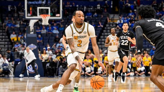Missouri Tigers guard Tamar Bates (2) drives to the basket against Mississippi State during the first half at Bridgestone Arena in Nashville, TN, on March 13, 2025.